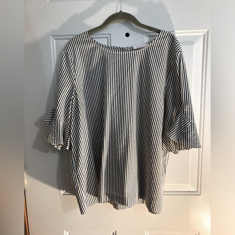 Calvin Klein Blue White Striped Blouse Top with Ruffle Sleeves Size XLarge